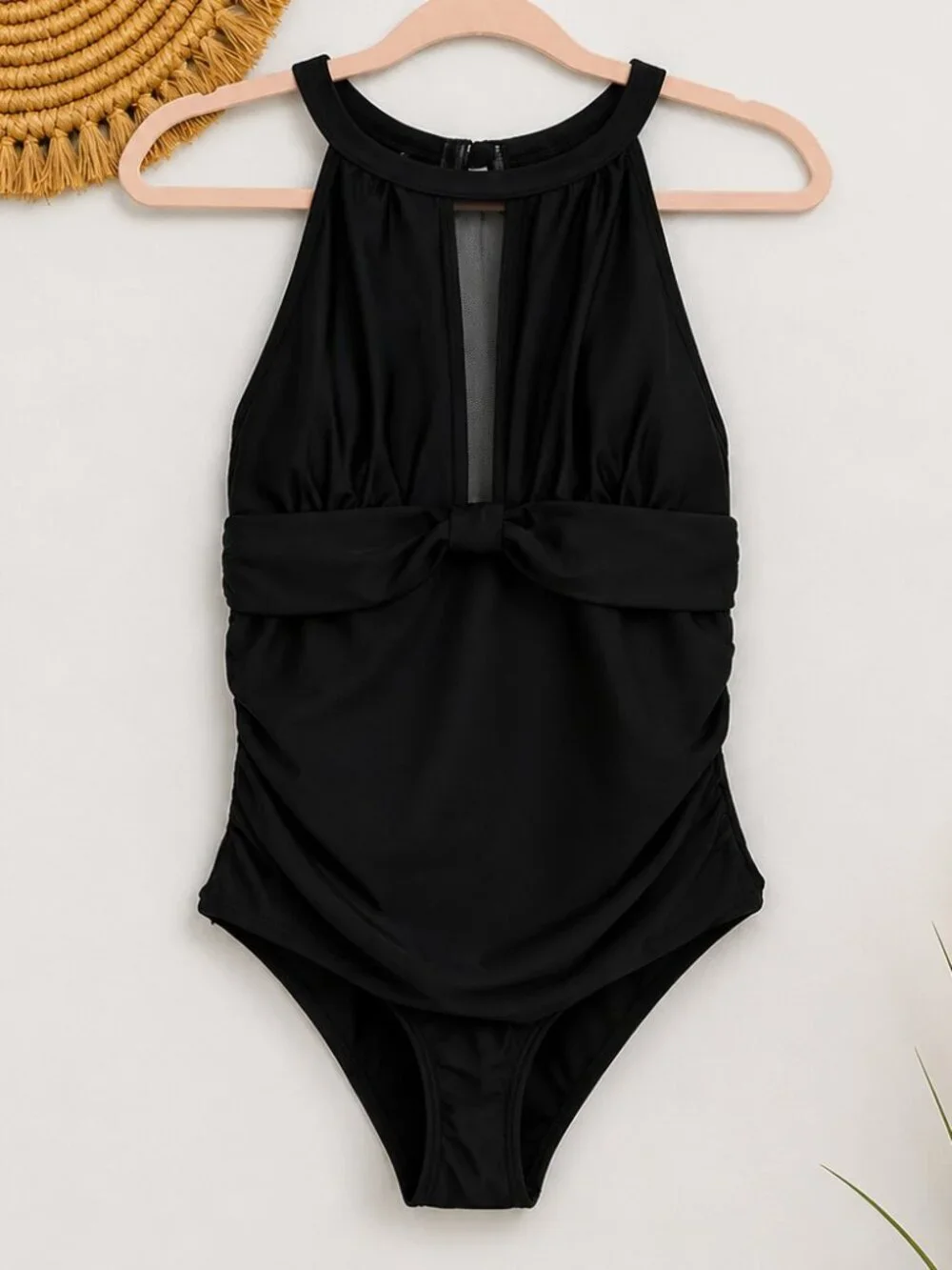 Dixperfect NEW Black High Neck Mesh Ruched Monokini Swimsuit SZ Medium Beach Mod